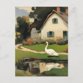 白い白鳥がコテージの前に立つ ポストカード