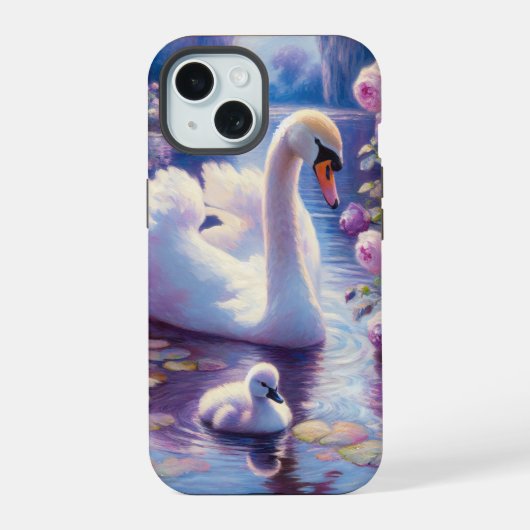 白い白鳥と紫のバラの中のひな iPhone 15ケース (裏面)