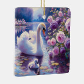 白い白鳥と紫のバラ セラミックオーナメント (右)
