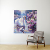 白い白鳥と紫のバラ タペストリー (インサイチュ)