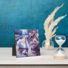 白い白鳥と紫のバラ フォトプラーク