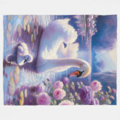 白い白鳥と紫のバラ フリースブランケット (正面(横))