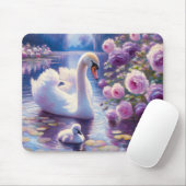 白い白鳥と紫のバラ マウスパッド (マウス)