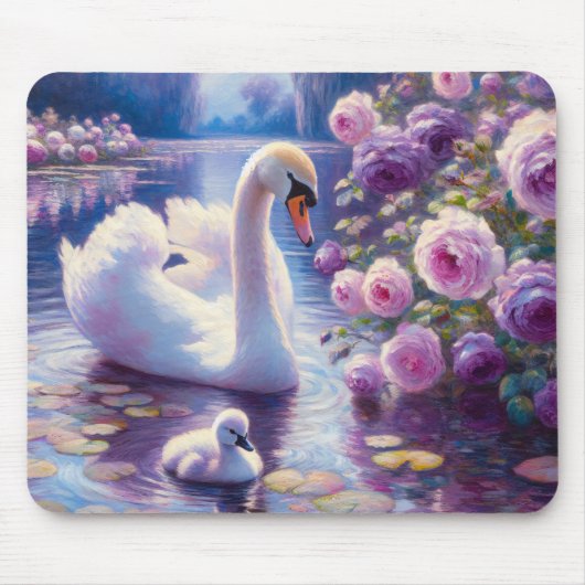 白い白鳥と紫のバラ マウスパッド (正面)