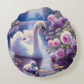 白い白鳥と紫のバラ ラウンドクッション (裏面)