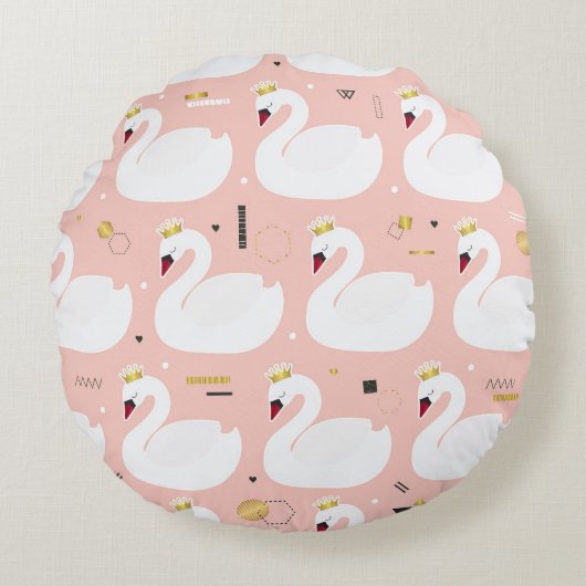 白い白鳥のシームレスパターン。 ラウンドクッション (正面)