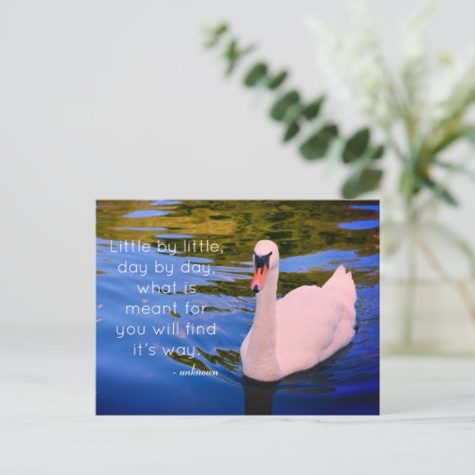 白い白鳥の写真とやる気を起こさせる引用文 ポストカード (スタンド正面)