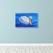白い白鳥の絵画水色の水鳥、鳥 キャンバスプリント (インサイチュ (ウッドフロア))