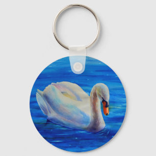 白い白鳥の絵画水色の水鳥、鳥 キーホルダー