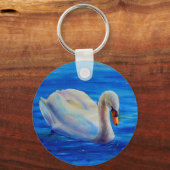 白い白鳥の絵画水色の水鳥、鳥 キーホルダー (正面)