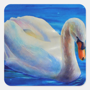 白い白鳥の絵画水色の水鳥、鳥 スクエアシール