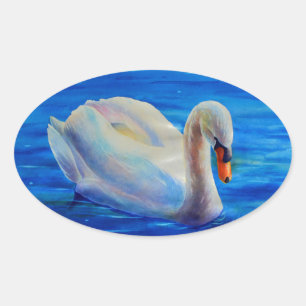 白い白鳥の絵画水色の水鳥、鳥 楕円形シール