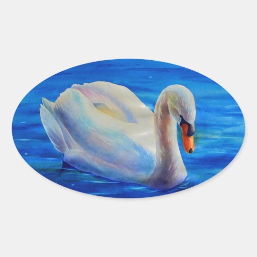 白い白鳥の絵画水色の水鳥、鳥 楕円形シール (正面)