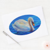 白い白鳥の絵画水色の水鳥、鳥 楕円形シール (封筒)