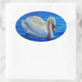 白い白鳥の絵画水色の水鳥、鳥 楕円形シール (バッグ)