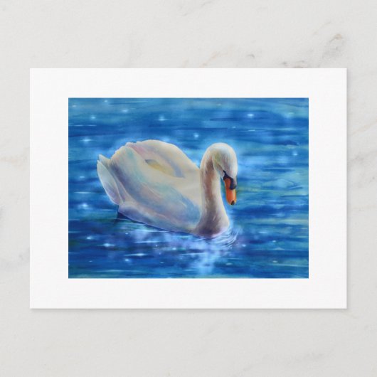 白い白鳥の絵画水色 ポストカード (正面)
