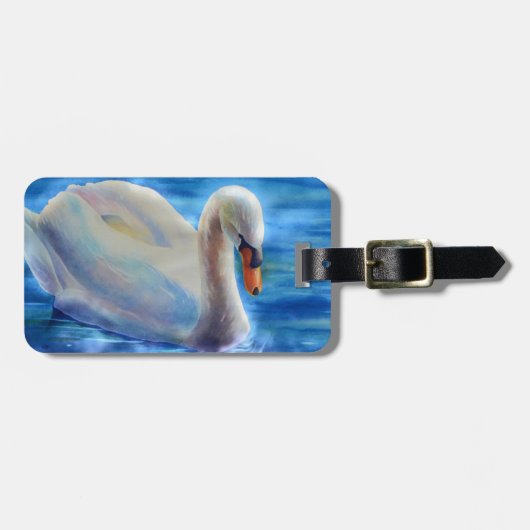 白い白鳥の絵画水色 ラゲッジタグ (正面横)