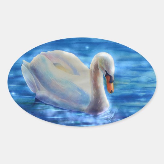 白い白鳥の絵画水色 楕円形シール (正面)
