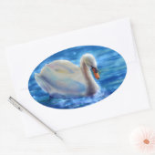 白い白鳥の絵画水色 楕円形シール (封筒)