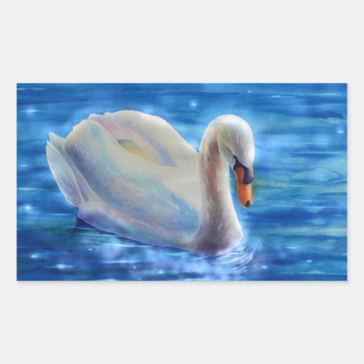 白い白鳥の絵画水色 長方形シール (正面)