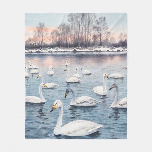 白い白鳥は湖に乗ってミュートをします。水彩画 フリースブランケット (正面)