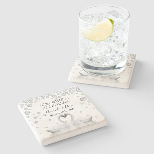 白い白鳥結婚との60thダイヤモンドの記念日 ストーンコースター (横)