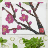 白い目、スモモの木、鳥 キッチンタオル (折り畳み)