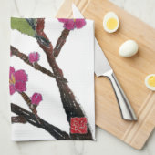 白い目、スモモの木、鳥 キッチンタオル (四つ折り)