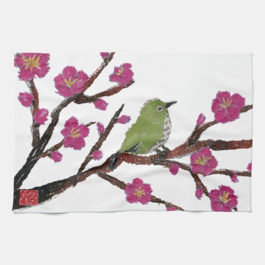 白い目、スモモの木、鳥 キッチンタオル (横)