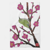 白い目、スモモの木、鳥 キッチンタオル (縦)