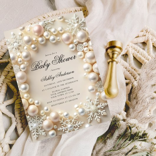 白い真珠と雪片ベビーシャワー 招待状