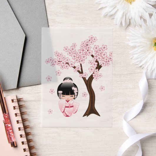 白い着物こけし人形かわいい芸者ガールインサート ベラム紙招待状 (ウェディング)