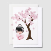 白い着物こけし人形かわいい芸者ガールインサート ベラム紙招待状 (オフセット)