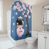 白い着物こけし人形かわいい芸者ガールブルー シャワーカーテン (インサイチュ)