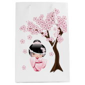 白い着物こけし人形かわいい芸者ガールブルー ミディアムペーパーバッグ (正面)