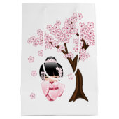 白い着物こけし人形かわいい芸者ガールブルー ミディアムペーパーバッグ (裏面)