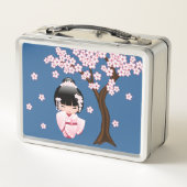 白い着物こけし人形かわいい芸者ガールブルー メタルランチボックス (裏面)