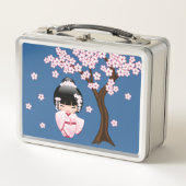 白い着物こけし人形かわいい芸者ガールブルー メタルランチボックス (正面)