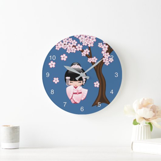 白い着物こけし人形かわいい芸者ガールブルー ラージ壁時計 (ホーム)