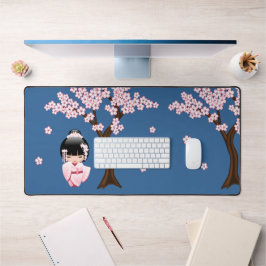 白い着物こけし人形かわいい芸者ブルー デスクマット