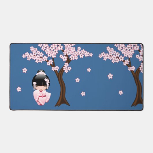 白い着物こけし人形かわいい芸者ブルー デスクマット (正面)