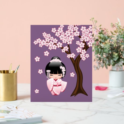 白い着物こけし人形可愛い芸者ガールパープル アクリルサイン (ウェディング)