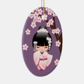 白い着物こけし人形可愛い芸者ガールパープル セラミックオーナメント (右)
