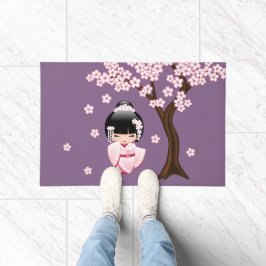 白い着物こけし人形可愛い芸者ガールパープル ドアマット