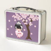 白い着物こけし人形可愛い芸者ガールパープル メタルランチボックス (裏面)
