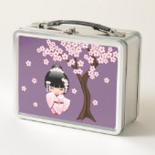 白い着物こけし人形可愛い芸者ガールパープル メタルランチボックス (正面)