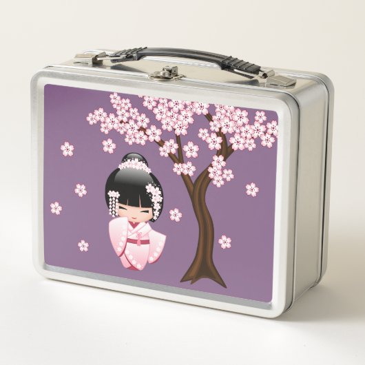 白い着物こけし人形可愛い芸者ガールパープル メタルランチボックス (正面)