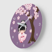 白い着物こけし人形可愛い芸者ガールパープル ラージ壁時計 (傾斜)
