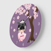 白い着物こけし人形可愛い芸者ガールパープル ラージ壁時計 (傾斜)