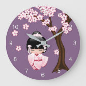 白い着物こけし人形可愛い芸者ガールパープル ラージ壁時計 (正面)